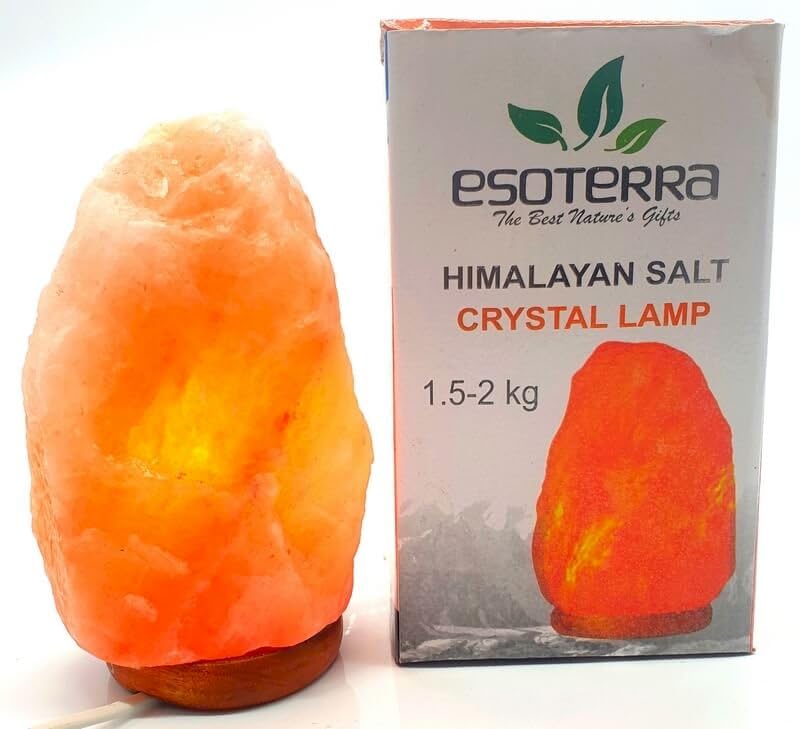 Genérico Lámpara de Sal del Himalaya Natural 1,5 2 kg – Roca de Sal 100% Pura con Base de Madera y Luz Cálida Relajante – Ideal para Dormitorio, Sala y Decoración Zen