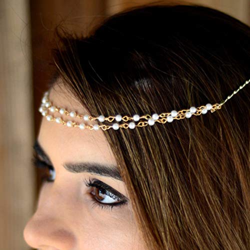 Edary Pearl Layered Head Chain Gold Vintage Headband Party Headpiece Weeding Hair Jewerly for Women and Bride