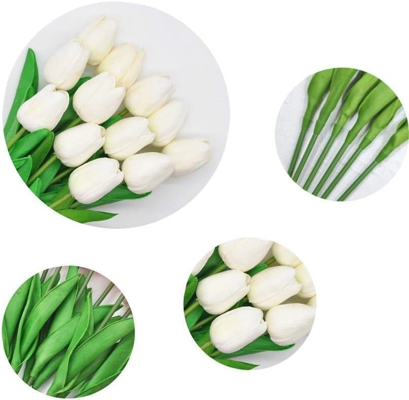 Image of Artificial Tulip Flower Stems (Pack of 5, Vase Not Included) - Realistic Faux Flowers for Home Decor, Living Room, Bedroom, Office, Wedding Decoration (White)