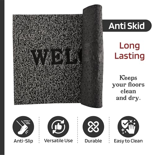 Image of Kuber Industries Pack of 3 Anti-Slip Welcome Print Grass Door Mats for Home| (16x24 Inch) Main Entrance Footmats for Bathroom, Living Room & Office | Grass Cut -Red, Grey & Green