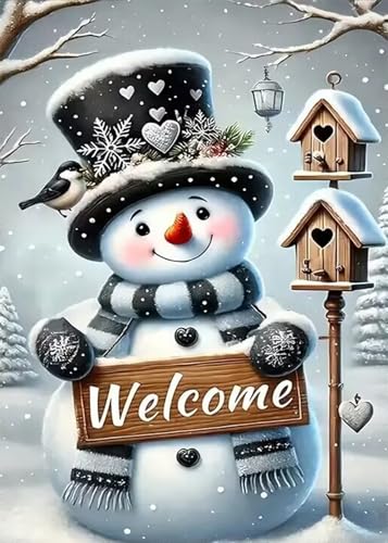 CHWGLFGG Winter Snowman Diamond Art Kits for Adults Beginners, DIY 5D Full Round Drill Diamond Painting Kits Welcome Home, Paint by Diamonds Dot Gem Art Crystal Love Easy,Home Wall Decor 12 X 16 Inch