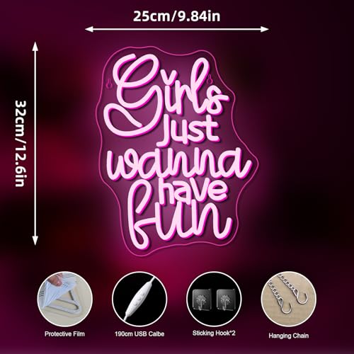 Image of Girls Just Wanna Have Fun Neon Sign 80's Party Decoration Retro Pink LED Neon Light Sleepover Party Girl Neon Signs for Wall Decor,for Bedroom Wedding Christmas Birthday