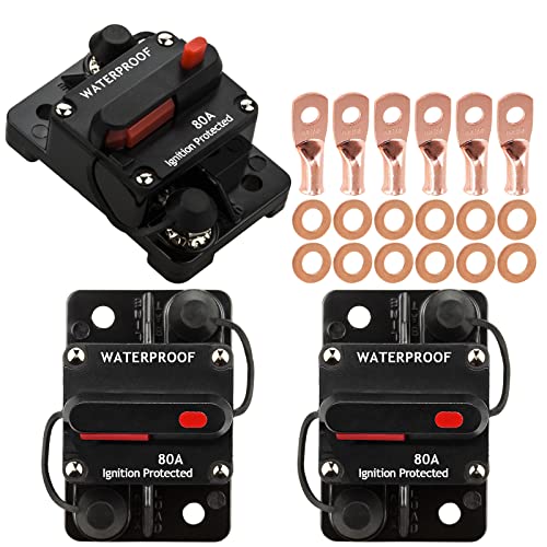 Hamolar 3 Pack 80 Amp Circuit Breaker Manual Reset 12V-48V DC for Car Audio Rv Marine Boat Truck Trolling Motors Car Speaker Resettable Fuse with Wire Lugs Copper Washer