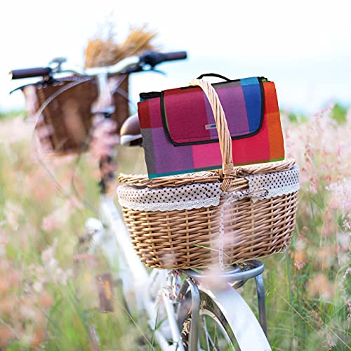 Relaxdays Picknickdecke XXL, 200 x 200 cm, Fleece Stranddecke, wärmeisoliert, wasserdicht, mit Tragegriff, bunt kariert, schwarz-rot