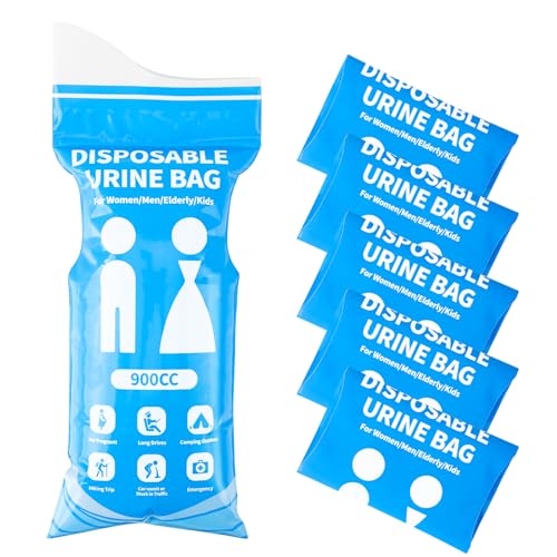 Meng Jiaran Disposable Urinal Bag, 6 Pcs 900ML Emergency Urine Bags, Portable Camping Pee Bag, Travel Urine Bag, Unisex Urinal Bag for Camping, Hiking, Pregnant, Patient, Traffic Jams, Kids
