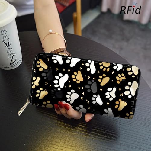 Image of RFID Blocking Leather Wallet for Women - Large Capacity Zip Around Clutch with 8 Card Slots,19 Cash Pockets & Coin Zipper,Cute Dog Paw Prints