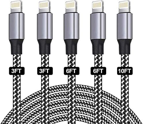 iPhone Charger Cable,SANYEYE MFi Certified [5-Pack 3/3/6/6/10FT] Fast Charger Charging Cable Nylon Braided with Metal Connector for iPhone 14/13/12/11/Pro/Xs Max/X/8/7/Plus/6S/6/SE/5S Pad