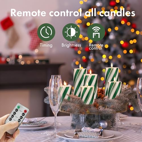 Image of Candy Cane Stripe Flameless Candles with Remote, Green Battery Operated Pillar Candles Real Wax, Flat Top Flickering Christmas LED Candle Decorations for Xmas, Home, Party Decor, Set of 3