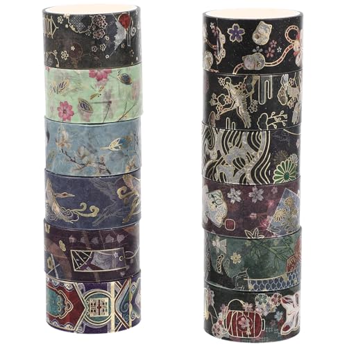 CALLARON Cinta Washi Autoadhesiva para Manualidades, 12 Rollos de 2 M, Cinta Decorativa para Scrapbooking y Diarios, Papel Washi Estampado Foil Dorado para Bricolaje y Álbumes