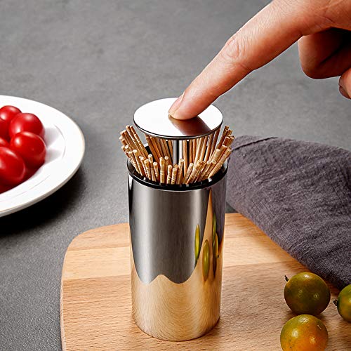 MOLFUJ Automatic Toothpick Holder Stainless Steel, Metal Toothpick Dispenser Bottle Click Open, Modern Storage Holder for Bamboo Toothpick - Cylinder - Thumbnail 2