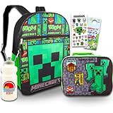 Minecraft Backpack with Lunch Bag Set - Bundle with 16” Backpack, Lunch Box, Water Bottle, Stickers, More | Minecraft School Bag for Boys
