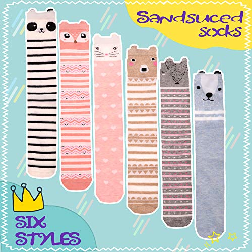 Meias femininas de algodão macio, na altura do joelho, lindas estampas de animais, 6 pares, Animal D
