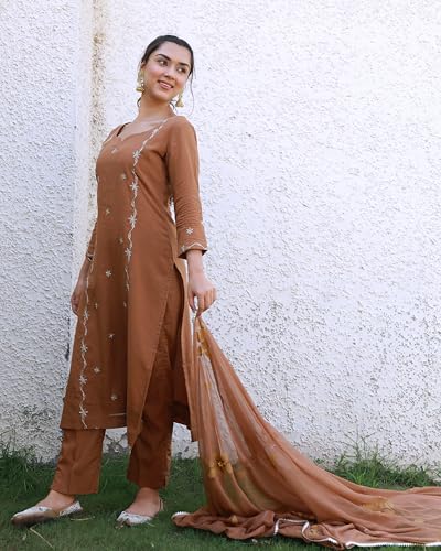 Image of GoSriKi Women's Cotton Embroidered Straight Kurta Set - Coffee Brown | Stylish Ethnic Wear for Women | Office & Festive Use