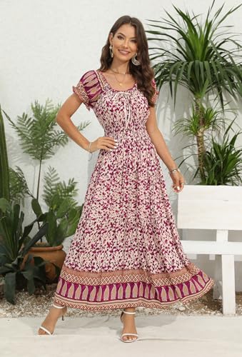 Image of Women's Boho Floral Maxi Dress, Short Sleeve Smocked Tiered Summer Casual Beach Dress