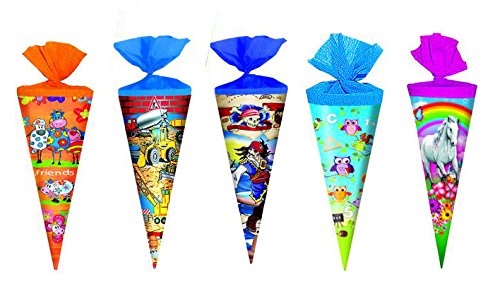 Preisvergleich Produktbild 5x Schultüte / Zuckertüte / Länge: 25cm / rund / 5 verschiedene Motive