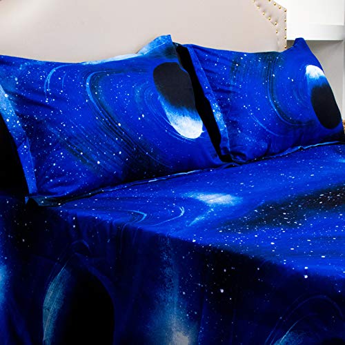 Image of Bedlifes Galaxy Outer Space Sheet Set, Galaxy Themed, 3 pcs Including Flat Sheet, Fitted Sheet, and 1 Pillowcase (Light Blue King)