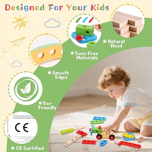 Image of Wooden Tool Kit Set (39 Pcs) | Portable Pretend Play Construction Tools Kit for Kids | STEM Learning Mechanic Toy | Montessori Educational Gift for Boys & Girls Age 3-6
