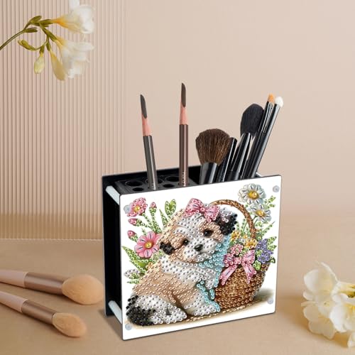 Image of DIY 5D Diamond Painting Pen Holder Organizer, Cute Puppy Dog Acrylic Pencil Cup with Special-Shaped Rhinestones, Decorative Office Supplies Storage for Home, School, Gift