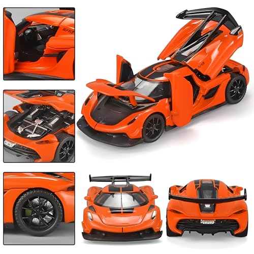 Image of 1:32 Scale Koenigsegg Jesko Model Super Car - Exclusive Alloy Metal Pullback Toy with Openable Doors, Lights, and Music for Kids (Orange)