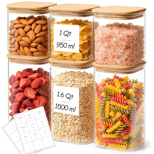KTMAMA 6-Pack Square Glass Pantry Storage Containers with Lids, Airtight Stackable Pantry...