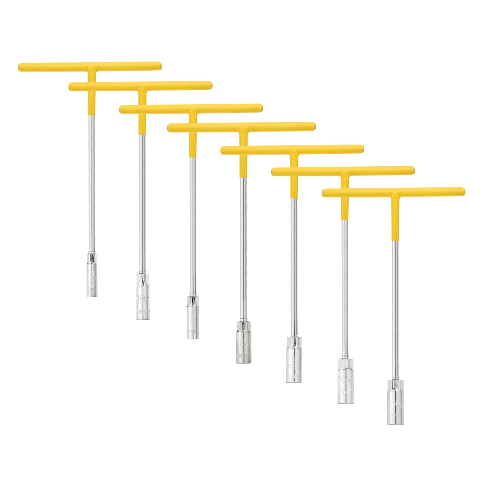sourcing map 7pcs T-Handle Wrench Socket Set 8/9/10/11/12/13/14mm 6-Point Metric Socket with Long Reach Chrome Vanadium Steel for Motorcycle Bicycle Car Repair, Silver-Yellow