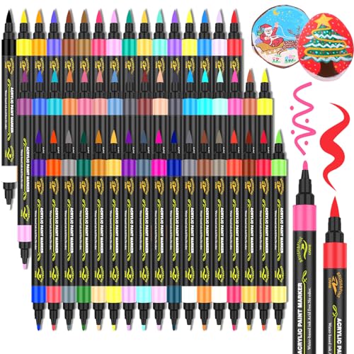 Lyuvie 100 Colours Dual Tip Acrylic Paint Pens Set,50 Pack Permanent Acrylic Paint Markers Fine Tip & Brush Tip for Rock Painting Fabric Stone Wood Glass Paper Plastic Craft Supplies