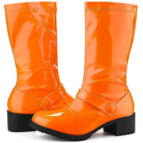 Allegra K Women's Mid Calf Boots Chunky Heels Patent Leather GO GO Boots