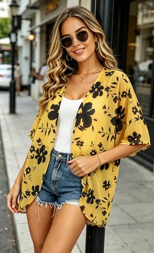 Image of FINOCEANS Womens Floral Chiffon Kimono Cardigans Loose Beach Cover Up Half Sleeve Tops