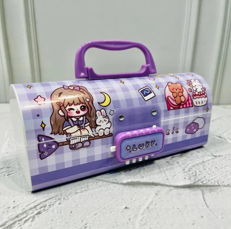 Image of WORSHIPER Cartoon Theme Pencil Box for Kids | Suitcase Style Password Lock Stationery Organizer | Multi-Layer Pen & Pencil Case for Boys & Girls (LPPB - Lucky Purple)