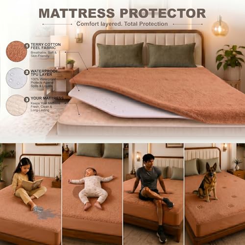 Image of Glassiano Cotton Feel Terry Ultra Soft Waterproof Mattress Protector | Breathable - Hypoallergenic Mattresses Cover with Elastic Strap for King Bed (72x80 inch|6x6.6 feet, Golden - Pack of 1)