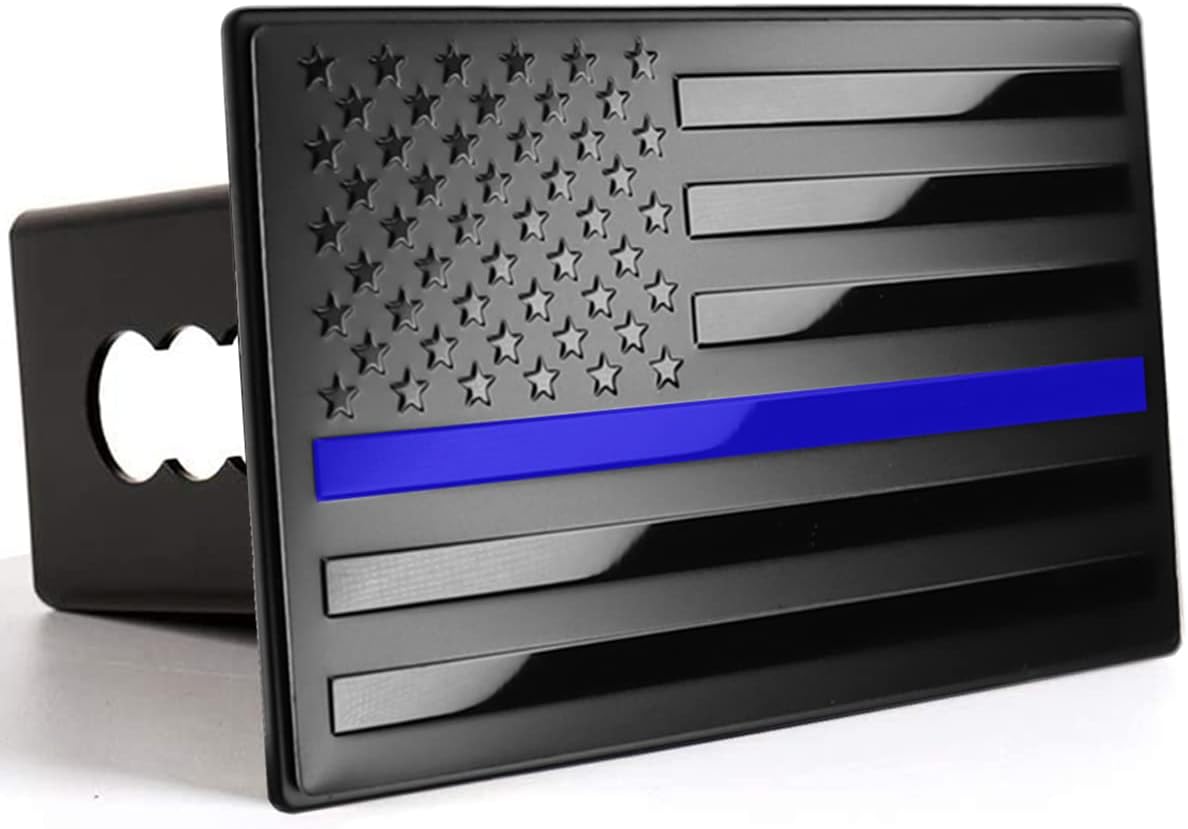 American Flag Metal Trailer Hitch Cover (Fits 2" Receiver, Black with Thin Blue Line)