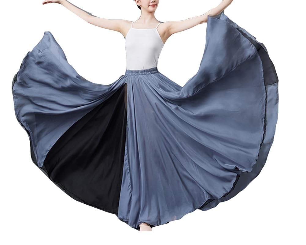DAIHAN Mujer Ligera Cómoda Danza del Vientre Falda Maxi Larga y Fluida Flamenco De Doble Capa de Contraste de Color para Entrenamiento Falda de Baile de Práctica de salón