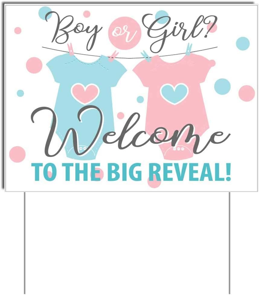 VictoryStore Gender Reveal Decorations Gender Reveal Welcome Sign The BIG Reveal Boy or Girl 17 Inches x 23 Inches Sign Set of 2 Includes 4 Stakes