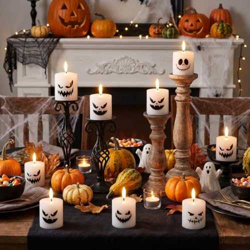 Image of Halloween Flameless Votive Real Wax Candles Battery Operated with Remote | White, 3D Wick Flickering, 2 /4 /6 /8H Timer, LED Light, Halloween Home Decor & Gift, 2 inch x 3.4 inch, 6 pack