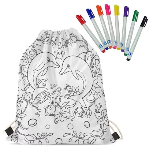 Personalized Doodle Drawstring Bags for Kids Ages 6-8 8-12 Dolphin Color in Drawstring Backpack Crafts for School Supplies