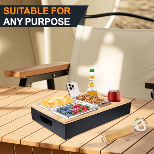 TEGOVE Couchbar Snackbox, Sofa Tablett,Mit Snackschalen Aus Edelstahl,mit Abnehmbarer Deckel, Couch Tablett, Snackbox mit Fächern, Sofatablett für Couch, Schlafzimmer & Wohnmobil