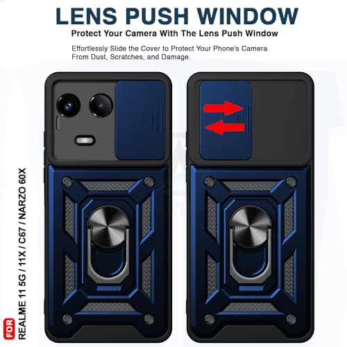 Image of AESTMO Tough Armor Realme 11 5G / 11X / C67 / Narzo 60X Bumper Back Case Cover | Ring Holder & Sliding Camera Shield Cover | 360 Degree Protection Back Case Cover (Blue)