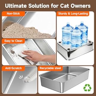 Stainless Steel Cat Litter Box, Extra Large XL Odor Free Metal Litter Box with High Sides Lid, Open Top Litter Pan Include Scoop Easy Cleaning Anti-Scratch Kitty Cat Box Anti-Urine Leakage, Non-Sticky