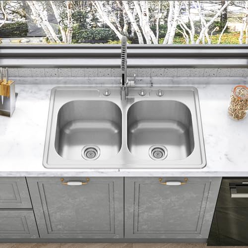 Sinber 33" x 22" x 9" Drop In Double Bowl Kitchen Sink with 18 Gauge 304 Stainless Steel Satin Finish MT3322D-OL (Sink Only) Sinber 33" x 22" x 9" Drop In Double Bowl Kitchen Sink with 18 Gauge 304 Stainless Steel Satin Finish MT3322D-OL (Sink Only)
