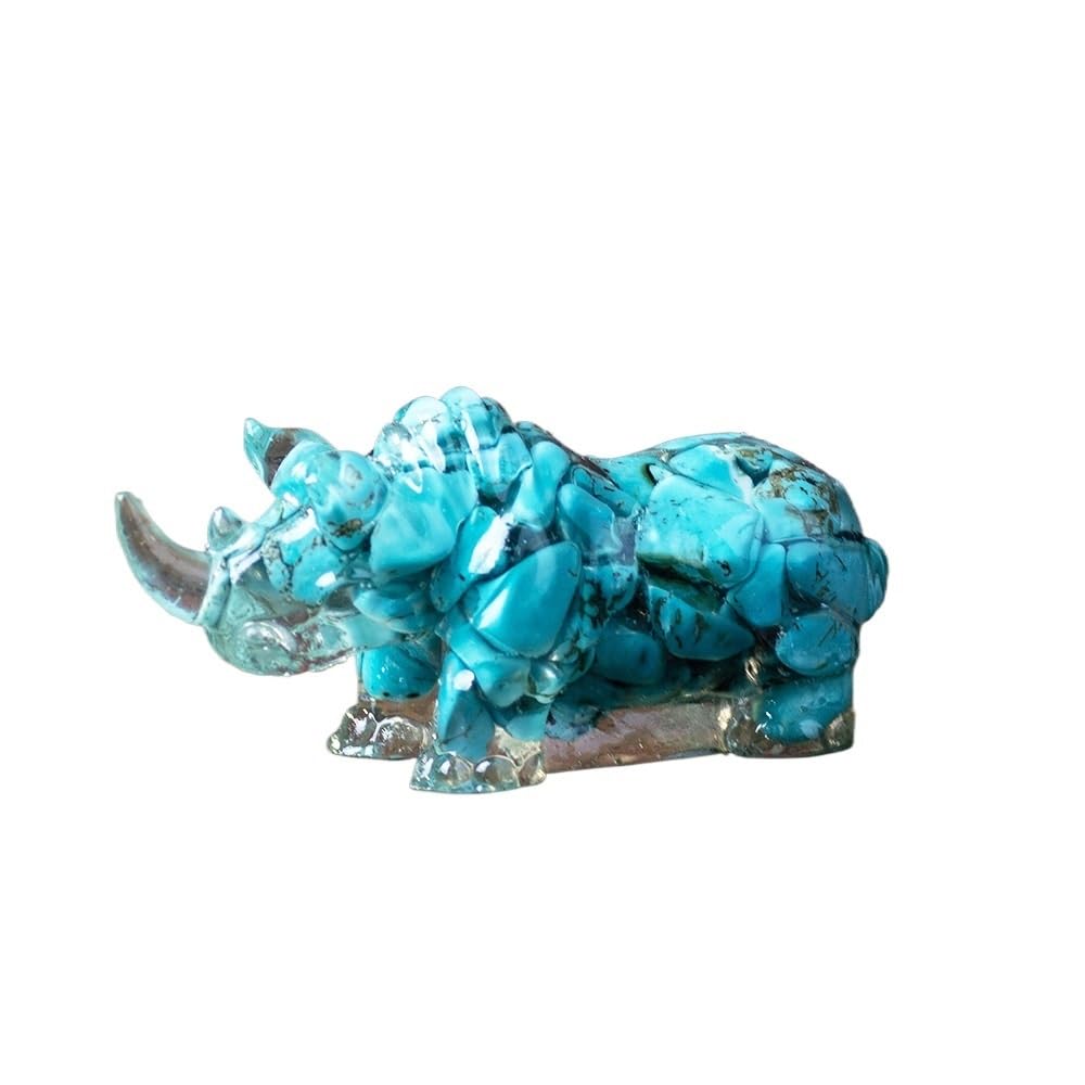HUFFA Natural Crystal Rhinoceros Figurine - Resin-Filled Wealth Attractor for Home Decor(Turquoise)