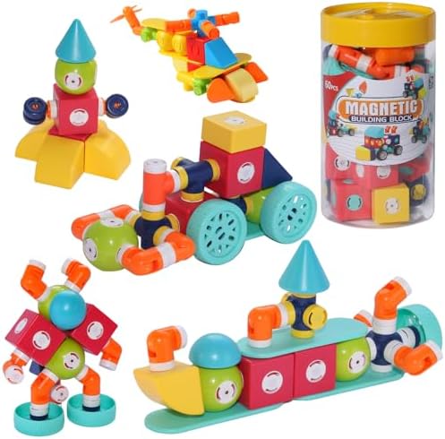 FENYAN Magnetic Building Blocks 60PCS, Multi-Style DIY Building Toys for Toddlers 1-3, Parent-Child Interactive Early Education STEM Magnetic Blocks for Kids Ages 3-8 Girls Boys Birthday Gifts