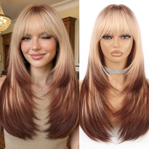 Peluca rubia ceniza degradada con flequillo de 56 cm Allbell de pelo sintético para mujer