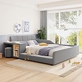 Merax Full Size Upholstered Grounded Bed, Mother & Child Bed with Bedside Desk and Little Round Stool, Velvet, Gray