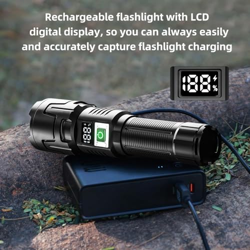 Rechargeable High Lumen LED Flashlight, 90,000 Lumens with Zoom, 3 Modes, IPX6 Water Resistant, Powerful Handheld Flashlight for Emergencies, Camping and Hiking
