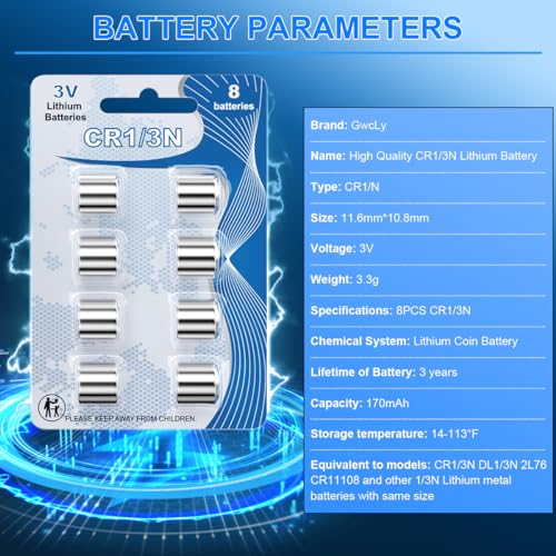 CR1/3N DL1/3N Lithium Batterien, 3V 170mAh CR1/3N Batterie, für CR11108 2L76 K58L, elektronische Halsbänder für Haustiere, Laservisiere, Sportelektronik, Smart Home Geräte etc(8-PCS)
