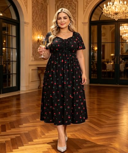 Image of CARCOS Plus Size Dresses for Curvy Women Tie Sweetheart Neck Summer Maxi Dress Short Sleeve Empire Waist Floral Boho Dress