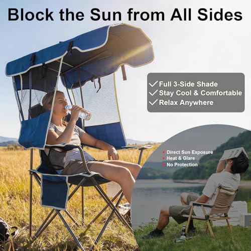 Image of Romswi Folding Canopy Beach Camping Chairs for Adult 2 Pack, Portable Outdoor Chairs with Sunshade,Cup Holder & Side Pocket for Camping, Fishing, Beach, Backyard, Navy