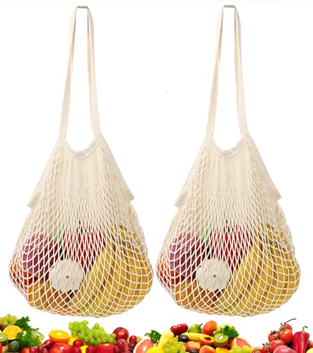 TAKONE 2 Stück Einkaufsnetz Groß – Wiederverwendbare Netzbeutel Aus Baumwolle (35×36 cm), Waschbar & Umweltfreundlich – Für Sandspielzeug, Obst, Gemüse