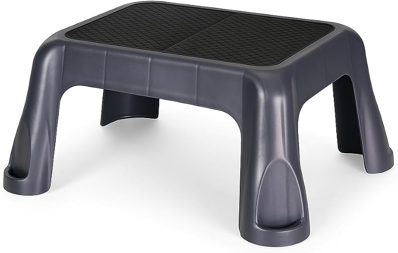 Plastic Step Stool with Stable in-Mold Tread, One-Step Design for Everyday Home Use, Durable Lightweight Build for Kitchen, Closet, and Office – Gray