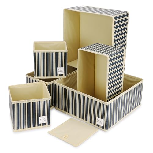 Image of House of Quirk Non-Woven Foldable Clothing Storage Box Closet Dresser Drawer Organizer Cube Basket Bins Containers Divider with Drawers for Underwear,Bras,Ties,Scarves,Set of 6 (Blue /Yellow Stripe)